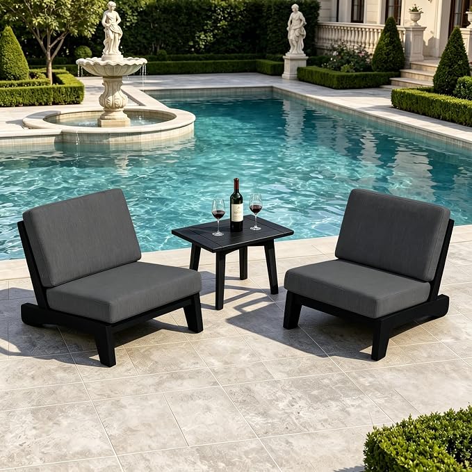 Pia Ricoo 3 Piece Patio Bistro Set with Patio Chairs and Table, Heavy Duty Wood Patio Furniture Set, All-Weather Outdoor Chairs for Balcony, Deck, Poolside, Porch - Dark Gray/Dark