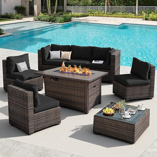 Patio Furniture Set, 8 PCS Outdoor Sectional Patio Furniture Set with 42" Fire Pit Table, Rattan Wicker Sofa Couch for Garden Backyard Deck Poolside, Black