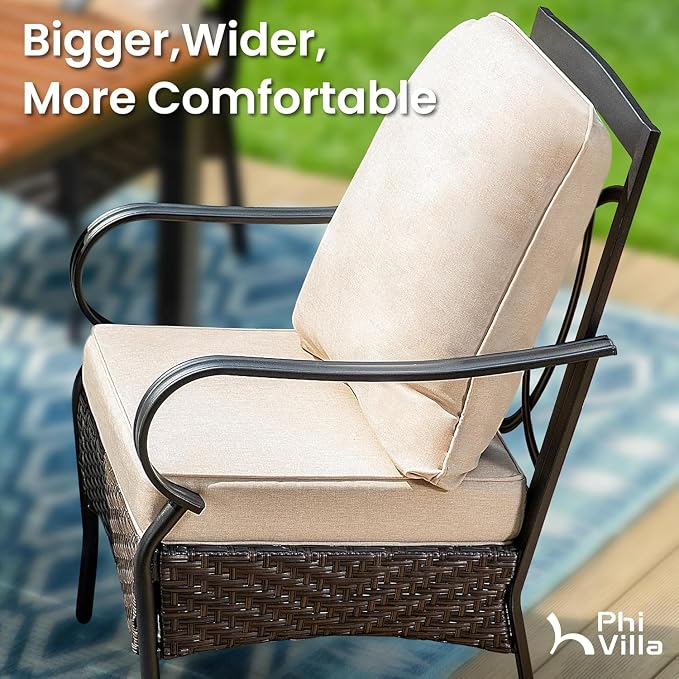 PHI VILLA Swivel Patio Dining Chairs Wicker Chairs Set of 4 with Cushions | Heavy Duty Outdoor Metal Wicker Dining Chair with Padded Cushions, Large All Weather Wrought Iron Patio Chair for Balcony