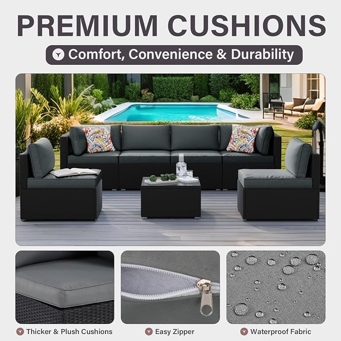 7-Piece Outdoor Patio Furniture Set, Outdoor Couch - Handwoven All-Weather Rattan & 4” Thick Waterproof Cushions, Wicker Outdoor Conversation Sets with Coffee Table for Backyard, 2026, Black/Grey