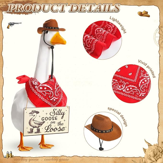 Funny Porch Goose Outfit Decoration Set Silly Goose on The Loose Hangings Sign Cowboy with Outfit Cowboy Hat Bandana for 23" Cement/Plastic Outdoor Statue Patio Yard Lawn Art(Red)