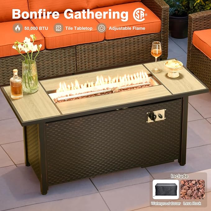 ovios 8 Pieces Patio Furniture Set, Outdoor Wicker Sofa Couch with 54" Fire Pit Table Comfy Cushions, All Weather Brown Rattan Conversation Set for Backyard Deck, Orange Red