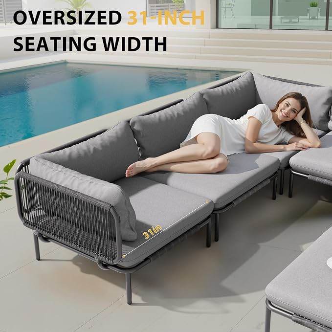 7-Piece Modern Outdoor Sectional Sofa with Coffee Table - 31" Deep Seating Patio Conversation Set, Weather-Resistant Low-Profile 11" Seat Height Lounge Seats for Deck, Porch & Backyard, Grey
