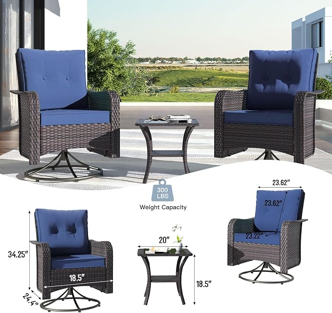 Kullavik 13PCS Outdoor Patio Furniture Set,PE Wicker Rattan Sectional Sofa Patio Conversation Sets with 43" 55000BTU Gas Propane Fire Pit Table,Swivel Rocking Chairs Set,Navy Blue