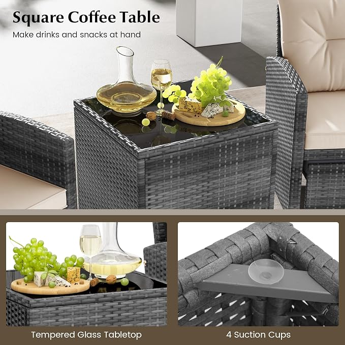 HAPPYGRILL 5-Piece Outdoor PE Rattan Conversation Set, Wicker Patio Furniture Set with Cushion, Ottoman & Coffee Table for Backyard Garden Poolside Lawn Deck Porch (Mix Grey & Beige)