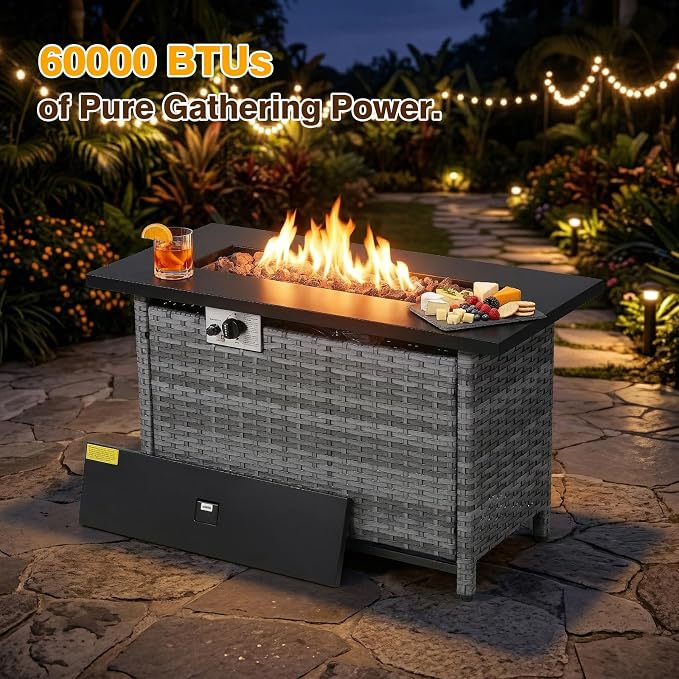 7 Piece Patio Furniture Set With Fire Pit ,360°Swivel Patio Chairs Set of 2,Cozy 60,000 BTU Rectangle Fire Pit Table ,2 Wicker Chairs,Sofa,Outdoor Side Table,All-Weather Wicker Patio Set For Outdoor