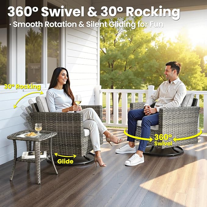 ovios 7 Pieces Patio Furniture Set, Outdoor Wicker Sofa with Rocking Swivel Chairs, Coffee Table, High Back Grey Rattan Conversation Set for Backyard Deck Porch, Grey