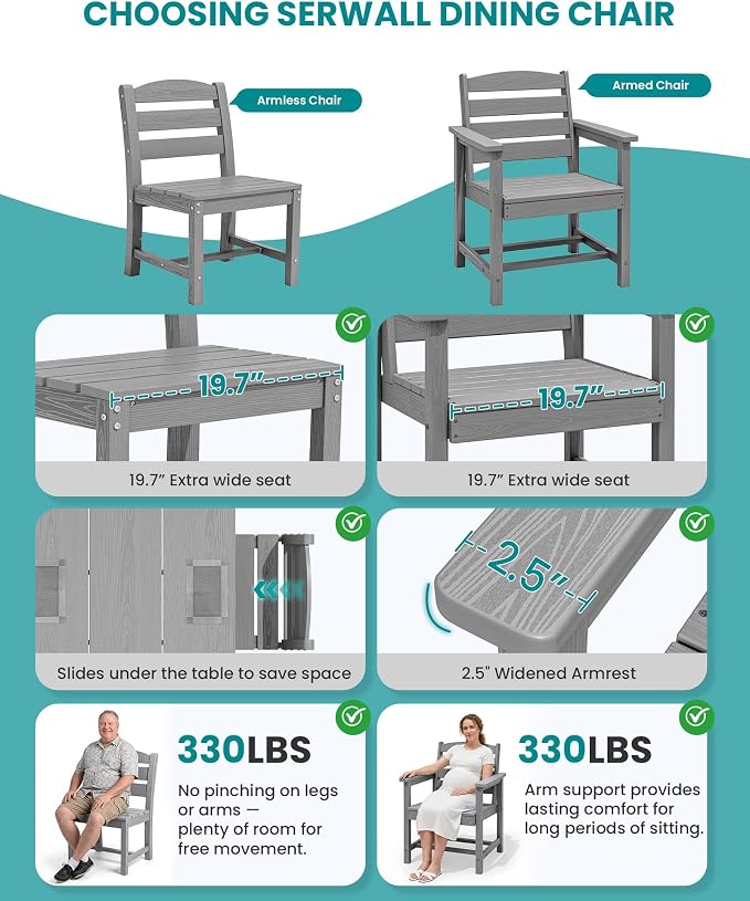 SERWALL 59" Outdoor Dining Set for 10, Light Gray | Include 2 Rectangular Tables and 8 Armrest Chairs, All Weather Dining Sets for Garden, Backyard