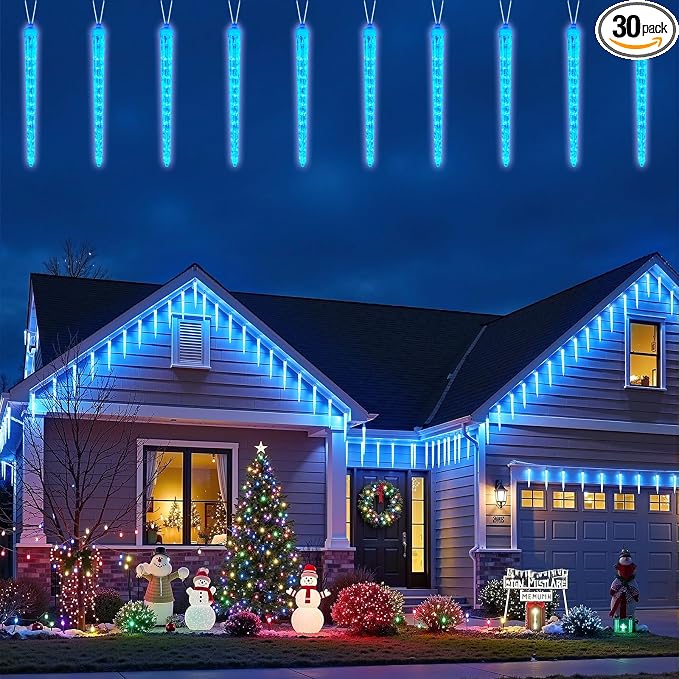 Brightown Christmas Meteor Shower Icicle Lights Outdoor, 30ft with 30 Tube 720 LED Dropping Effect, Waterproof Decorations for House Eave Roofline, Blue