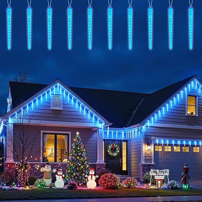 Brightown Icicle Lights Outdoor, 19.8Ft Meteor Shower Lights with 20 Tubes, Snowfall Shooting Star Light Effect, Falling Cascading Crystal Christmas Decorations for House, Eave, Roofline, Patio, Blue