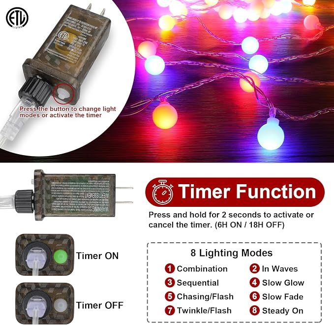 33FT 100LED Christmas Globe Lights Plug in 8 Modes with Remote,Indoor Outdoor Christmas Fairy Lights for Bedroom Party Wedding Garden Christmas Tree Decor(Multicolor)