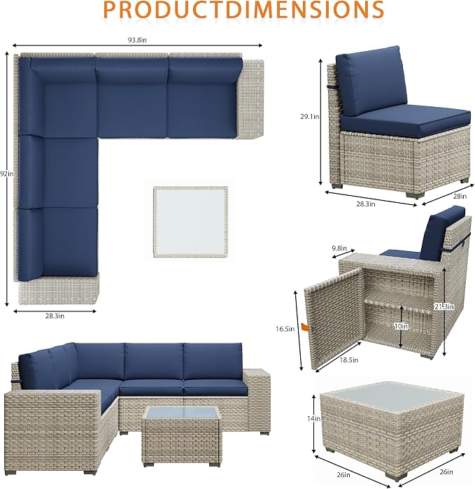 6 Piece Patio Furniture Set, 8" Wide Arm Sectional Sofa Set with Coffee Table, High-Back All-Weather Rattan Outdoor Conversation Set for Garden, Porch, Lawn, Blue
