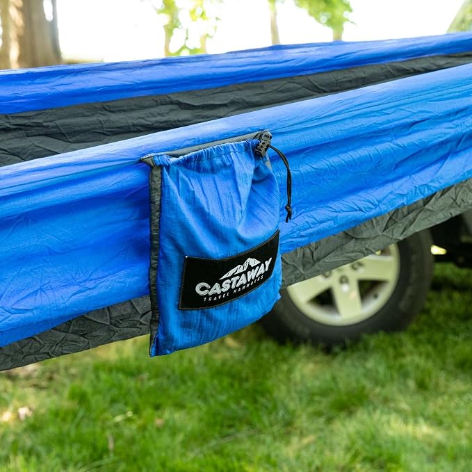 Hammock in a Bottle By Castaway Living, Blue/Black Double Camping Hammock with 2 Tree Straps, 32 oz. Bottle, Triple Stitched Durable Nylon Material, Compact Design for Travel, Backyard, 400 Lbs.