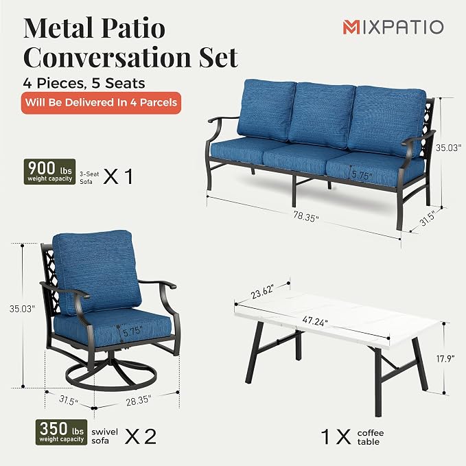 MIXPATIO Patio Furniture Set 4 pcs, Metal Outdoor Patio Furniture, 3-Seat Sofa, 2 Swivel Chairs, Coffee Table and 5.75" Extra Thick Cushion, Conversation Set for Backyard Deck, Gemstone Blue