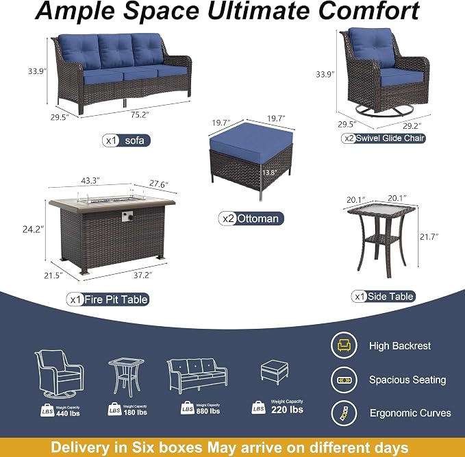 7-Piece Patio Furniture Set, Thick Wicker Outdoor Furniture Set with 2 Swivel Chairs, Outdoor Sectional Sofa with Fire Pit Table, Patio Conversation Set for Backyard, Porch, Deck, Dark Blue
