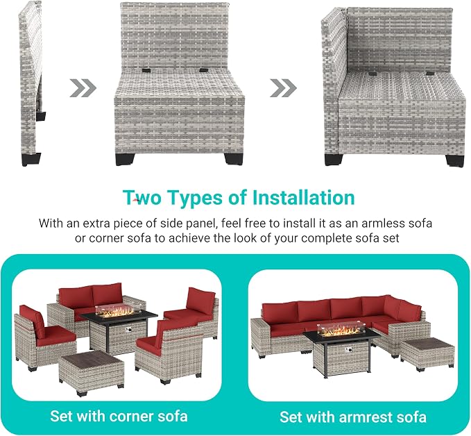 7-Piece Outdoor Patio Furniture Set with 55,000 BTU Fire Pit Table, PE Wicker Rattan Sectional Sofa Patio Conversation Set with Thickened Cushions & Coffee Table, Red