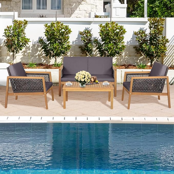 8 Pieces Outdoor Acacia Wood Furniture Set, Outdoor PE Wicker Conversation Set with Coffee Table and Soft Cushions, Outdoor Sofa Set for Garden, Poolside and Backyard (2, Grey)
