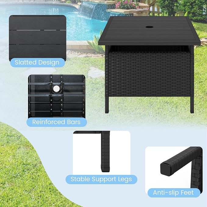 HAPPYGRILL Patio Umbrella Table Stand, Rattan Outdoor Side Table with Umbrella Hole, PE Wicker Frame, for Patio Garden Deck Poolside (Black)