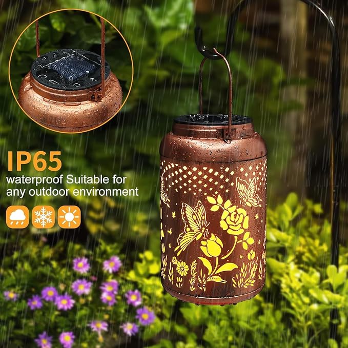 2 Pack Solar Lanterns Outdoor Waterproof, Butterfly Rose Garden Decor Birthday Gifts for Women Mom Grandma Hanging Solar Lights Metal Solar Decoration Outside for Yard, Patio, Lawn | Birthday Gifts for Women Mom Grandma Hanging Solar Lights Metal Solar...