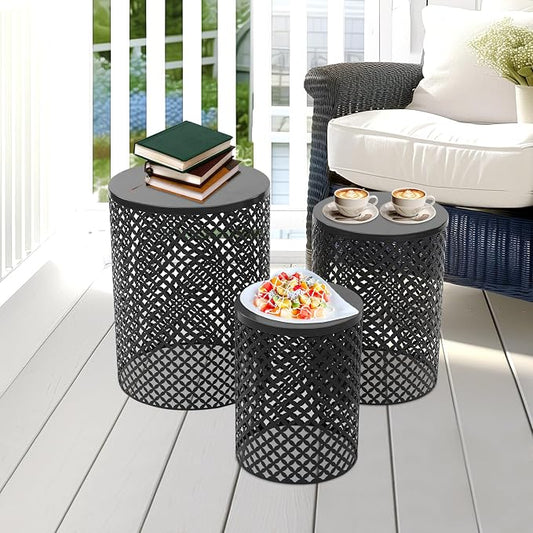 Cylindrical Outdoor Side Tables Set of 3, Metal Frame Accent Table End Table, Vintage Side Tables for Patio Gardens Balconies Cafes Parks