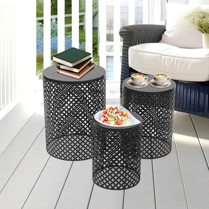 3PCS Outdoor Side Table, Cylindrical Metal Frame Accent Table, Nested Modern End Table Patio Side Tables for Gardens, Balconies, Bedrooms, Black