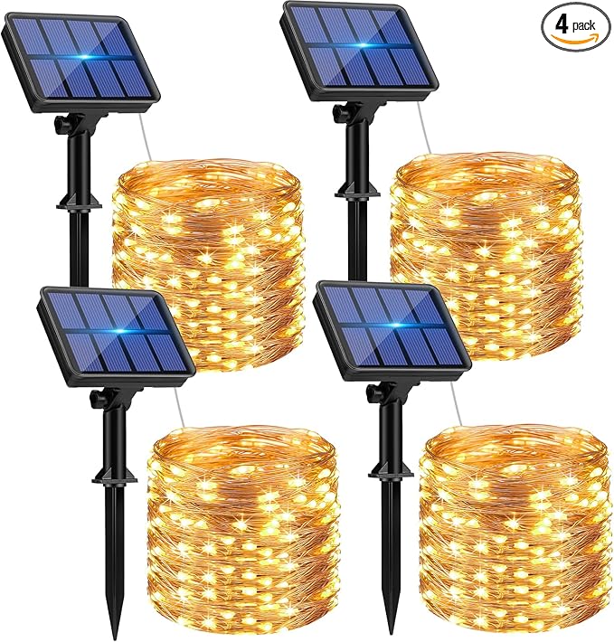 btfarm 4 Pack Solar String Lights Outdoor - Total 132FT 320LED Solar Fairy Lights Outside Waterproof 8 Modes, Copper Wire Solar Powered Twinkle Light for Garden Tree Christmas Wedding Party,Warm White