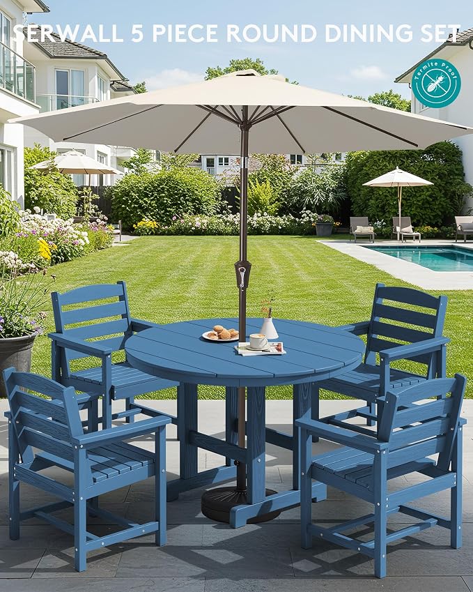 SERWALL 5-Piece Patio Dining Sets, HDPE Outdoor Table and Chairs Furniture Set, 45" Round Dining Table and 4 Dining Chairs, Navy