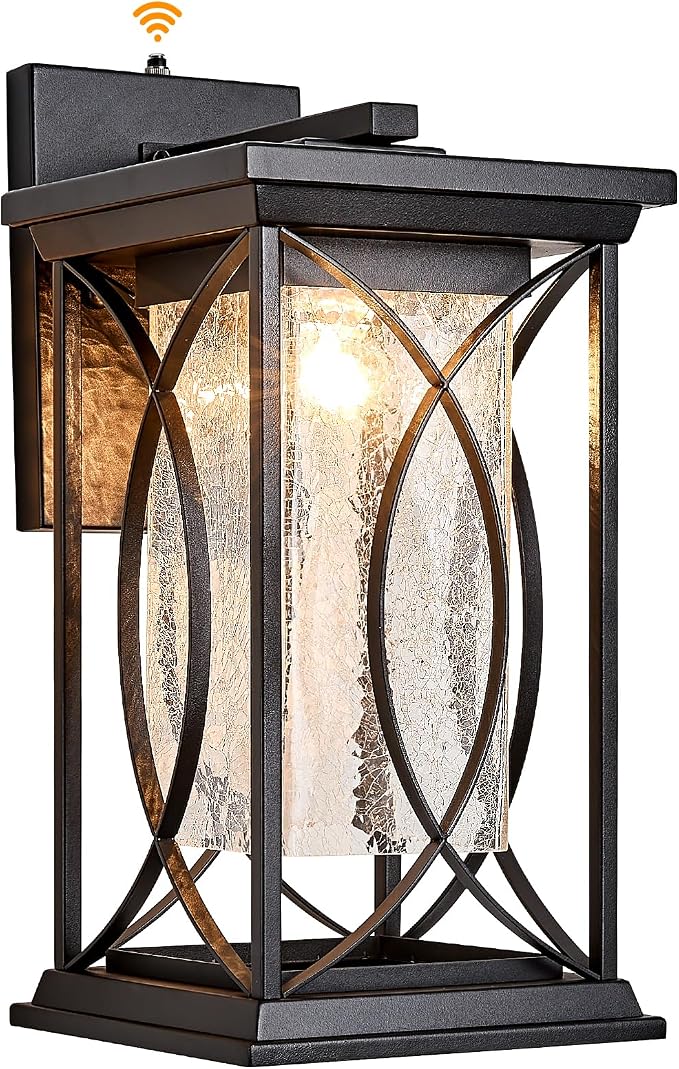 18" Extra Large Outdoor Sconce with photocell Sensor Coach Lantern Modern Large Exterior Light Fixture Waterproof Black Metal with Crack-Like Glass Dusk to Dawn Mission Outside Proch Light