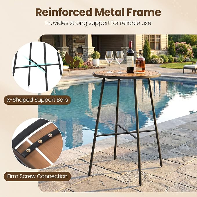Giantex 41-inches Patio Bar Table, Acacia Wood Pub Table with Heavy-Duty Metal Frame, X-Shaped Support Bars, Adjustable Foot Pads, Round Cocktail Tables for Outdoor, Bistro, Balcony, Gathering