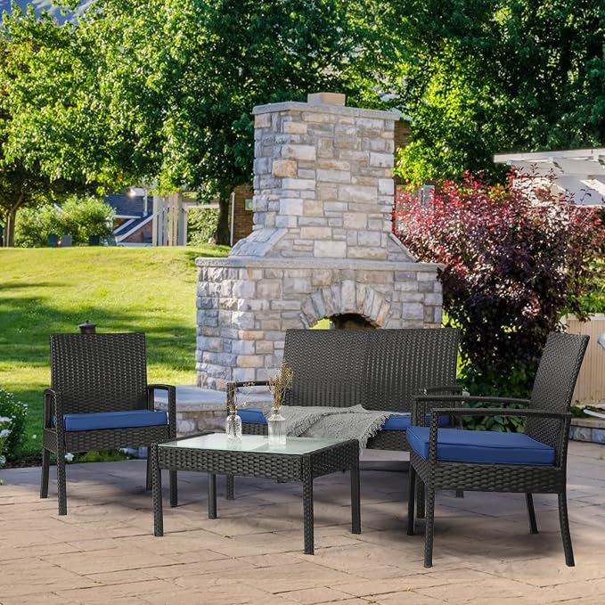 4 Piece Outdoor Patio Furniture Set, Rattan Patio Conversation Set | Thick Polyester Cushions, Tempered Coffee Table, Steel Frame Easy Assembly, Suit for Backyard Porch Poolside Balcony, Blue