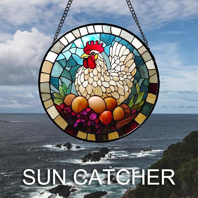 DASTOLL Stained Glass Window Hanging White Chicken Hatching Eggs Large 15" - Suncatcher Door Garden Sunroom Sun Catcher Home Decor Birthday Christmas for Mom Men Woman Nana