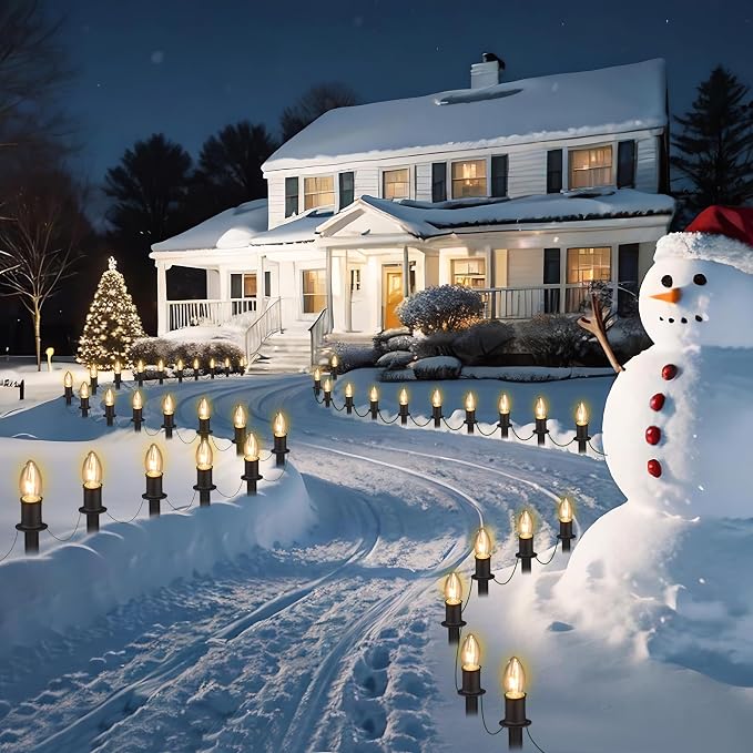 TIORIY Outdoor Warm Christmas Pathway Lights, 24.2ft 20 Lights with Stakes, Outside Walkway Marker, C9 Christmas Decor, Driveway Decorations, Waterproof, Hanging or Plugging
