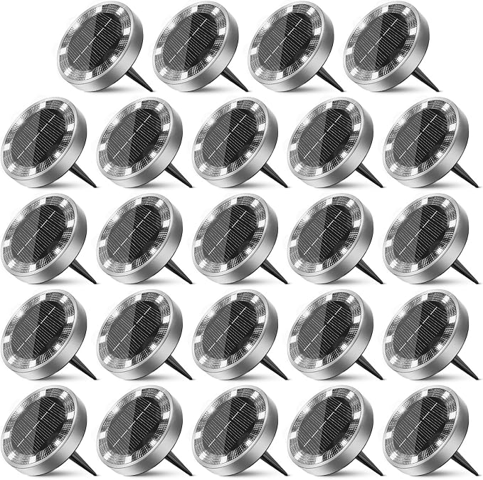 Solar Ground Lights Outdoor, 24 Pack Flat Solar Powered Disc Lights, IP68 Waterproof, Anti-Rust, Landscape Lighting for Pathway Garden Yard Lawn Walkway Landscape Driveway, Cool White