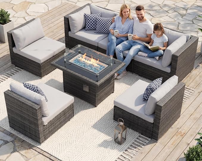 RADIATA 7 Piece Wicker Patio Furniture Set with Fire Pit, All-Weather Outdoor Sectional Couch High Back Large Size, Modular Backyard Seating Sofa Set with Propane/Natural Gas Firepit Table, Light Grey