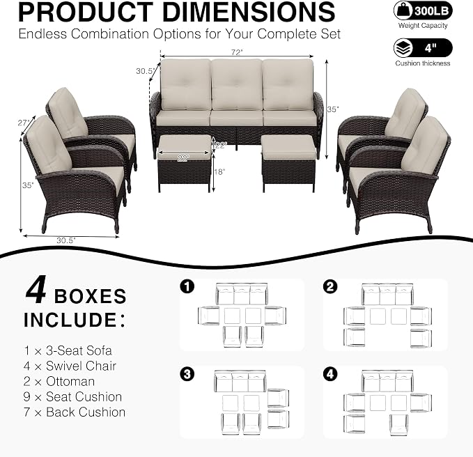 Joyside Wicker Patio Furniture Set, 7 Piece Outdoor Furniture Set with Thickened Cushions, High Back, Deep Seating, Wide Armrest, Rattan Outdoor Chairs for Porch, Deck