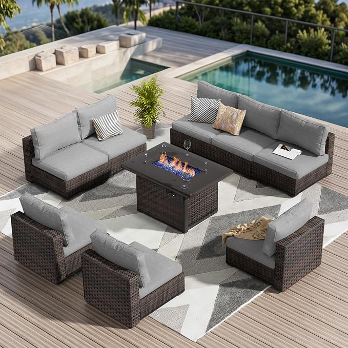 9 Pieces Outdoor Sectional Patio Furniture Set with Fire Pit Table PE Rattan Wicker Patio Sectional Armless Conversation Set with Cushions Grey
