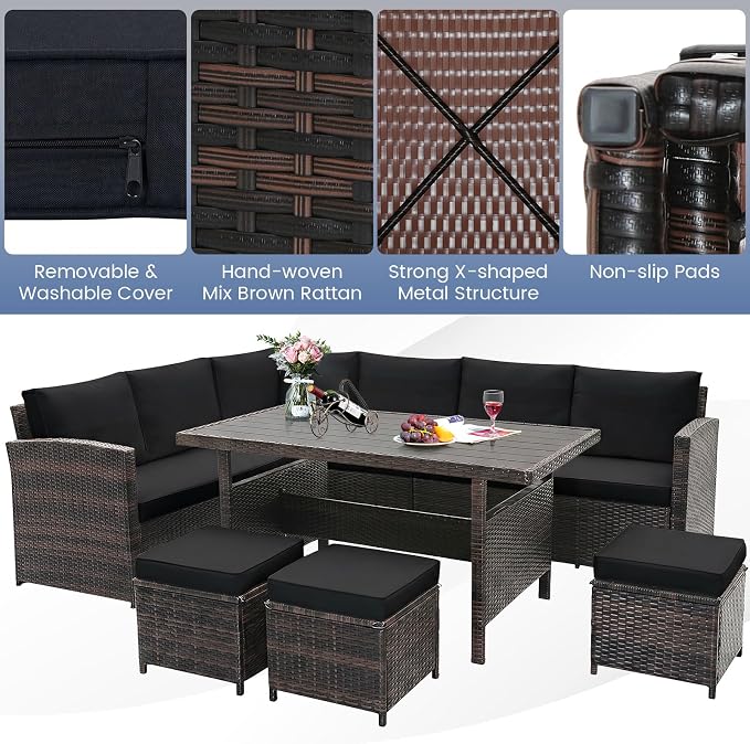 Tangkula 7 Pieces Wicker Patio Furniture Set, Wicker Conversation Set | Outdoor Sect with Coffee Table, Ottomans & White Cushions, Sectional Conversation Sofa Set for Porch, Poolside, Balcony, Yard