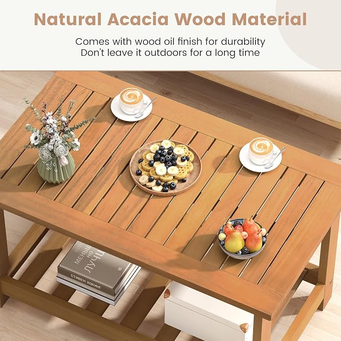 HAPPYGRILL Patio Acacia Wood Side Table with Storage Shelf, Outdoor Coffee Table for Garden, Balcony, Deck, Poolside