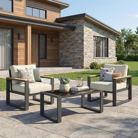 RoyalCraft Aluminum Outdoor Patio Furniture Set with Height-Adjustable Footrest, 3 Pieces All-Weather Patio Sofa Sets with Coffee Table for Porch Backyard Garden Patio, Beige