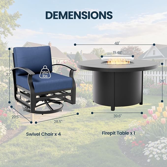 Aluminum Outdoor Patio Furniture Set,5 Pieces 4 Seats Patio Conversation Sets with 48" Round Propane Fire Pit Table,Metal Furniture Set with Thick Cushion,Navy Blue