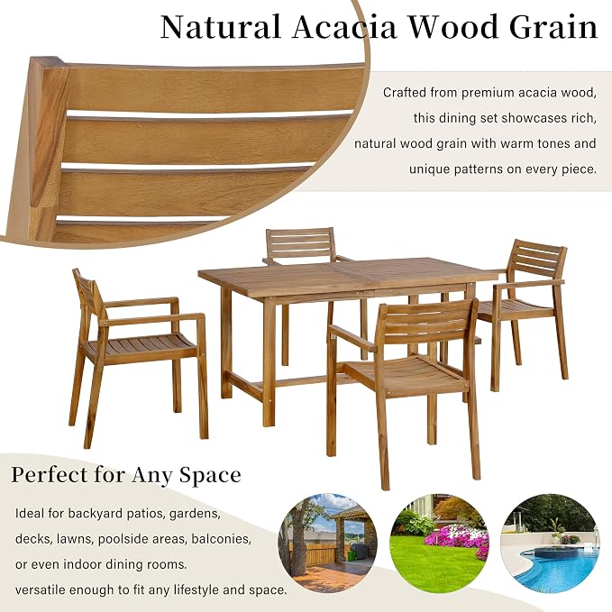 5 Piece Outdoor Dining Set for 4, 59.06" Rectangular Table with Umbrella Hole and 4 Comfortable Chairs, Acacia Wood Dining Set for Patio, Lawn, Garden, Poolside & Indoor Use, Natural