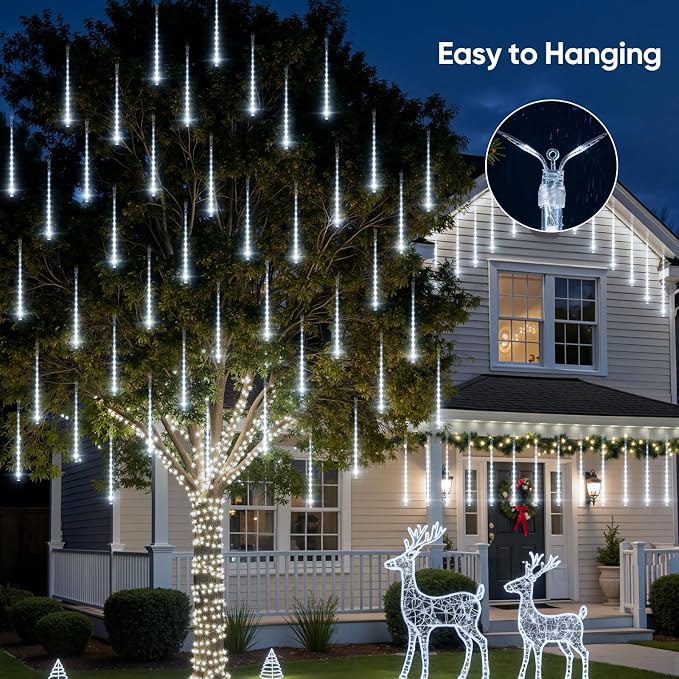 Brightown Christmas Lights Outdoor, 16 Inch 10 Tube 360 LED Icicle Lights | Connectable Meteor Shower Light Outdoor, Hanging Falling Rain Light for Tree Outside Holiday Xmas Decoration, White