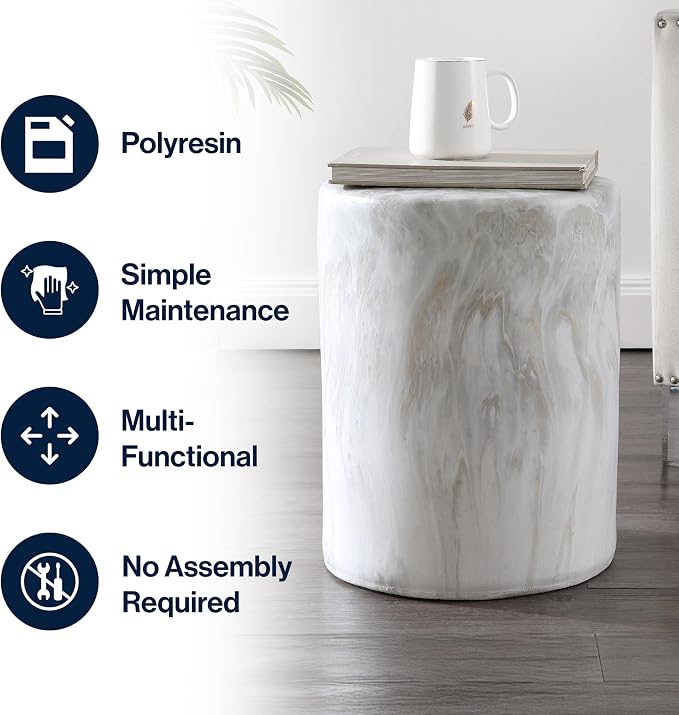 JONATHAN Y Troy Modern 17" Faux Marble Cylinder Accent Table, Round Pedestal End Table and Decorative Indoor Stool for Living Room, Small Minimalist Drum Side Table, White and Black TBL1101A
