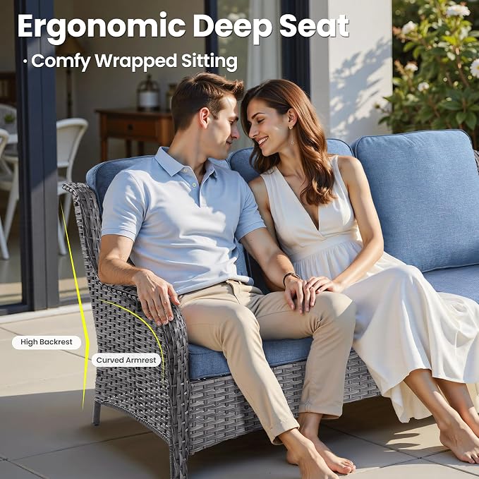 ovios 10 Pieces Patio Furniture Set with Swivel Rocking Chairs, Outdoor Wicker Sofa Couch Comfy Cushions, All Weather High Back Modern Conversation Set, Grey Rattan, Denim Blue
