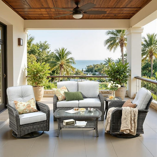 CAODOC 5 Pieces Patio Furniture Set,Outdoor Furniture with Rockers, Rattan Conversation Sets w/Coffee Table, Grey Wicker Light Grey Cushion
