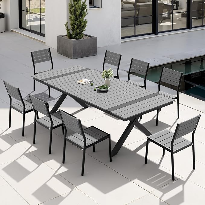 Pellebant Outdoor Dining Set for 8, 9 Pieces Aluminum Patio Table and Stackable Armless Chairs with Umbrella Hole & Wood-Like Top, Grey