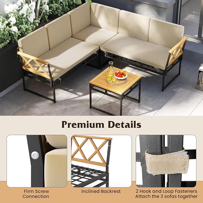 Tangkula L Shaped Outdoor Sectional Sofa Set, 4 Pieces Acacia Wood Patio Cushioned Conversation Set with Bungee Rope Seat,for Porch, Yard, Poolside (Off White)