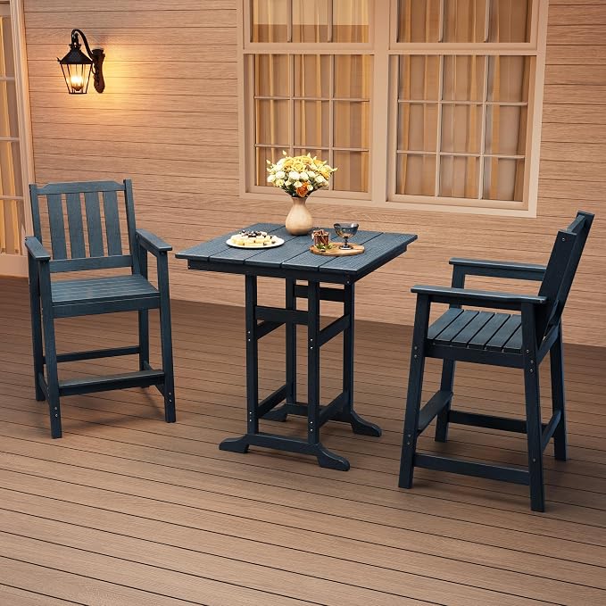 3-Piece HDPE Outdoor Bar Table and Stools Set, 39.6" Tall Pub Table with Umbrella Hole and 2 Counter Height Chairs, Weatherproof Patio Dining Furniture for Backyard, Balcony, Bistro, Navy Blue