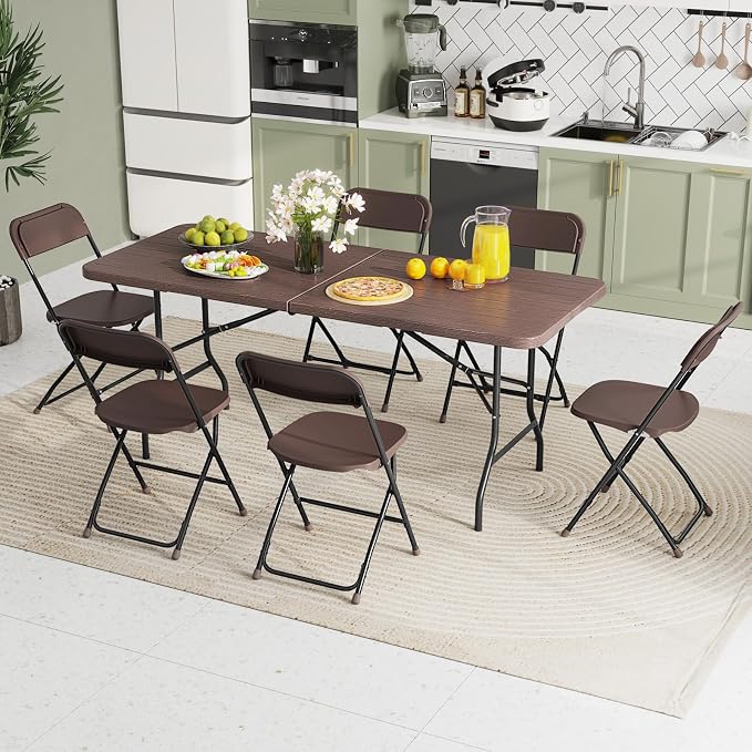 Goplus 6ft Plastic Folding Table, 350 LBS Indoor Outdoor Heavy Duty Portable Folding Tables with HDPE Tabletop, Handle, Lock, Foldable Rectangle Utility Card Table for Picnic, Party, Camping, Dining