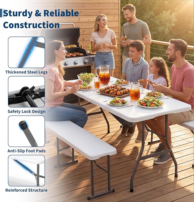 Garvee 6FT Portable Folding Table Sets with 2 Bench, HDPE Plastic Foldable Table with Carry Handle for Camping, Parties, Picnic & Events Indoor Outdoor，White